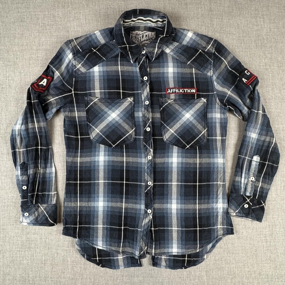 Affliction Shirt Womens Small Blue Plaid Long Sleeve Button Up Black Premium